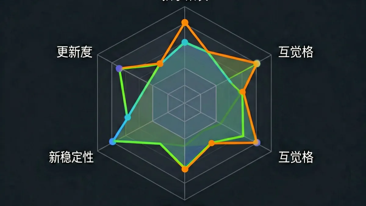 玩偶姐姐与同类创作者横向对比示意图，用维度评分雷达图展示各项风格差异