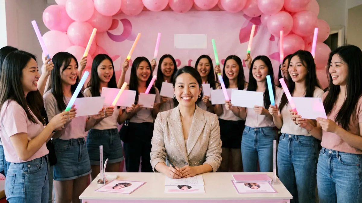 玩偶姐姐与粉丝互动的线下见面会现场，大量年轻女性粉丝手持应援物围聚在签名台前